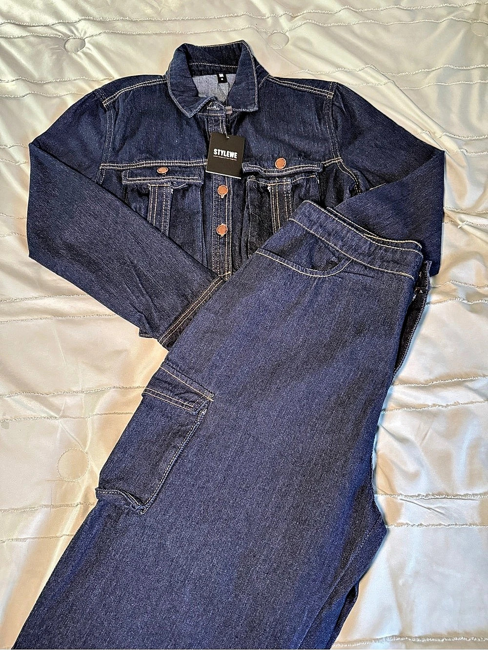 Stylewe Blue Denim Jacket and Cargo Pants Set